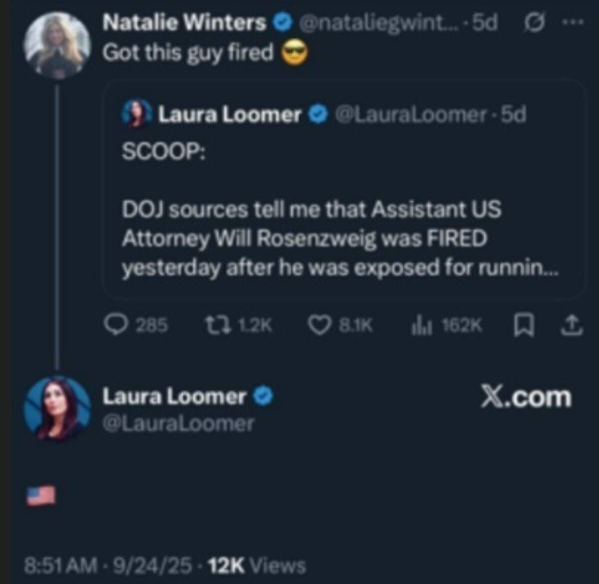 Right-wing political activist Laura Loomer posted about the ouster of Will Rosenzweig.